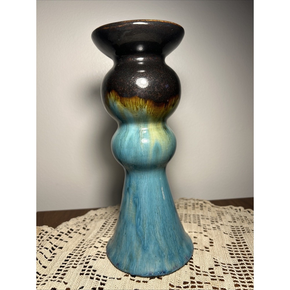 Vtg Pottery Hand Made Ceramic‎ Glaze Pedestal Candle Holder 10" tall